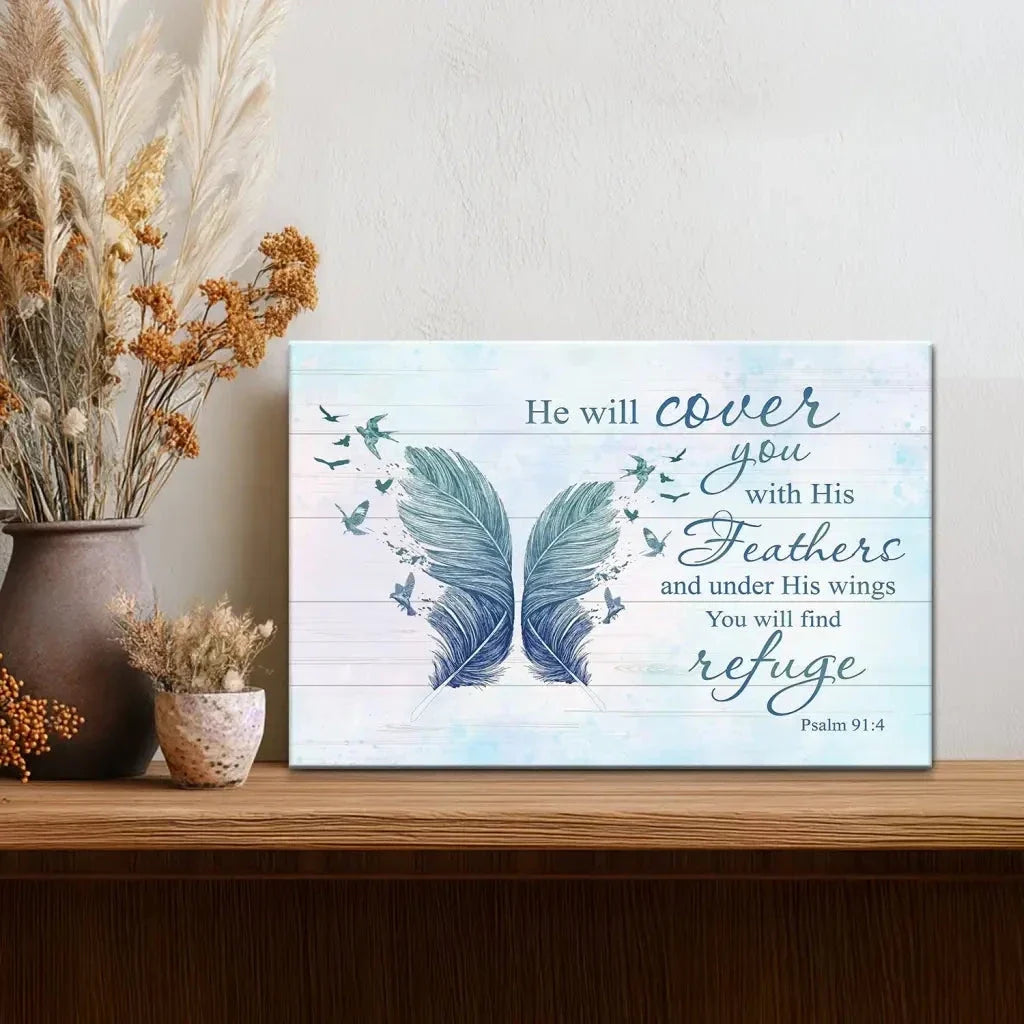 he will cover you with his feathers psalm 91 4 bible verse wall art canvas (Landscape) (view 2)