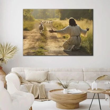 lamb runs to jesus wall art canvas (Landscape) (view 7)