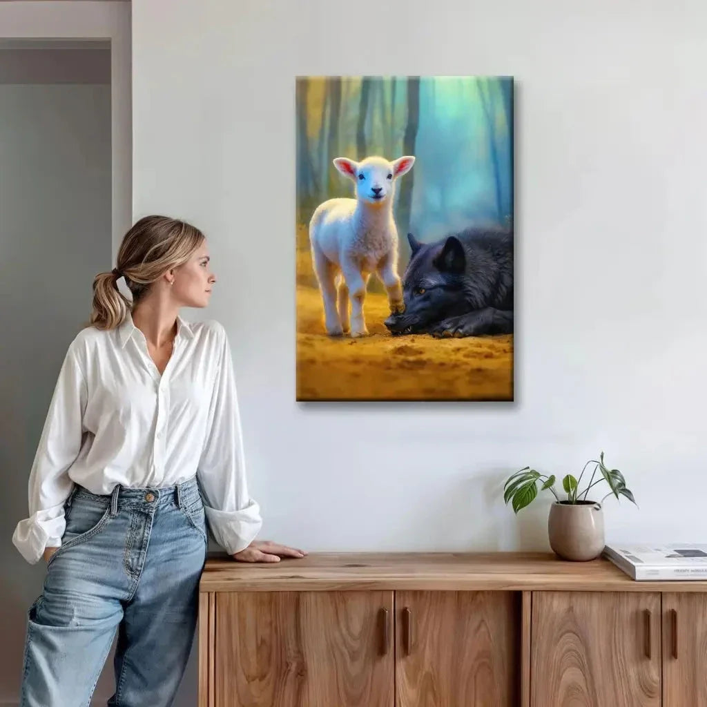 lamb stepping on wolf christian wall art canvas (view 4)