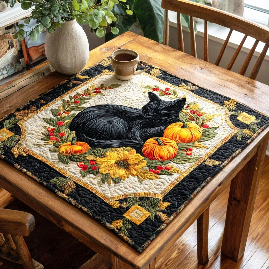 Falling Leaf Cat Quilted Table Topper