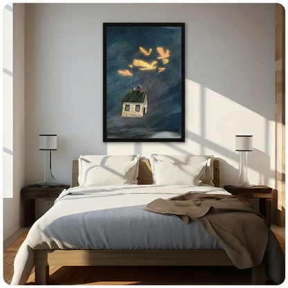 Golden Birds Flying House Whimsical Canvas Wall Art