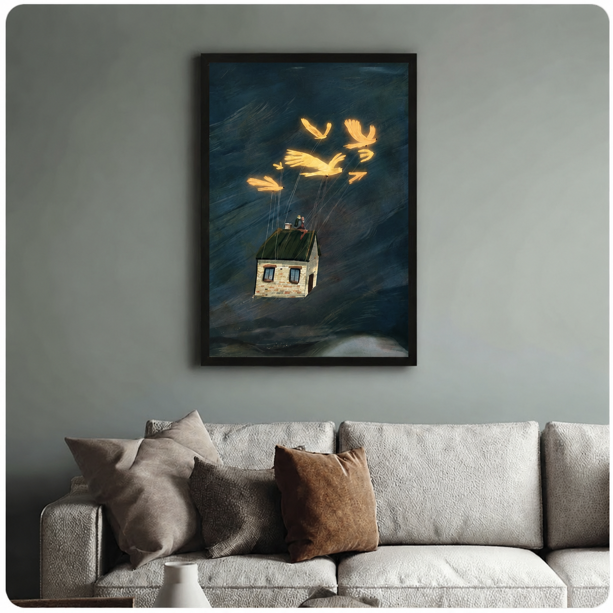 Golden Birds Flying House Whimsical Canvas Wall Art