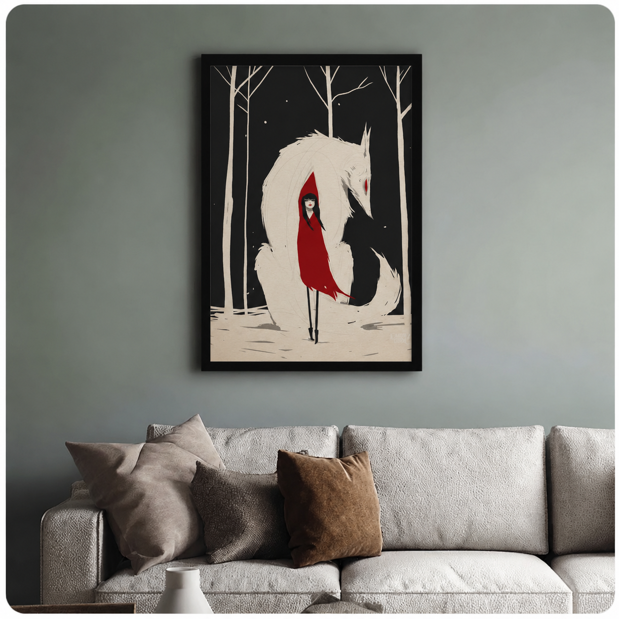 Red Cloak Girl White Fox Fantasy Canvas Wall Art