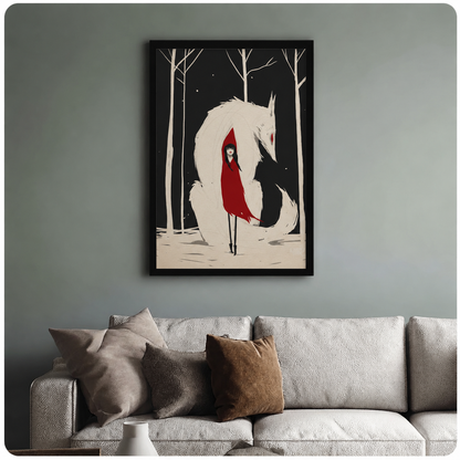 Red Cloak Girl White Fox Fantasy Canvas Wall Art