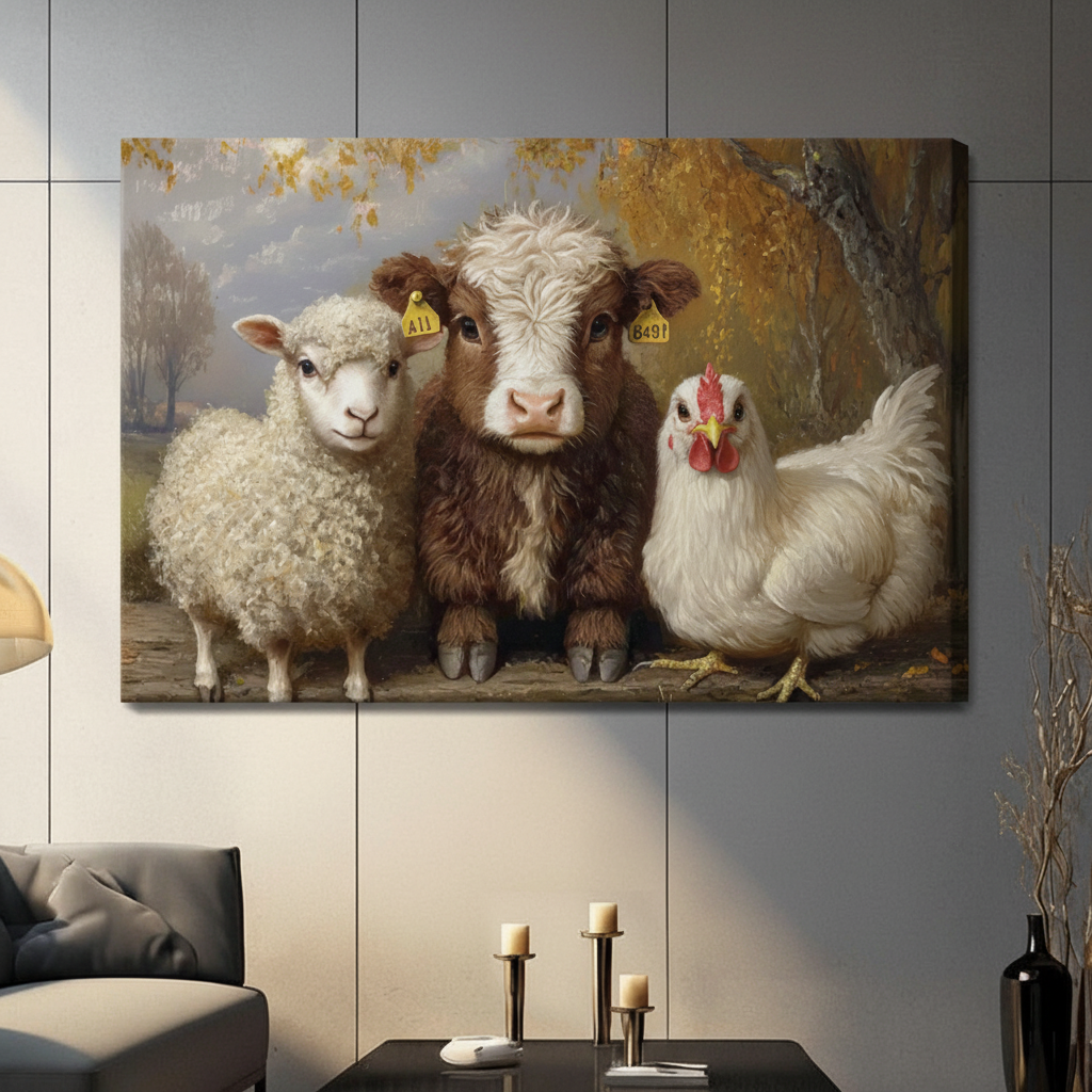 Farm Animals Trio Autumn Oil Painting Canvas Wall Art