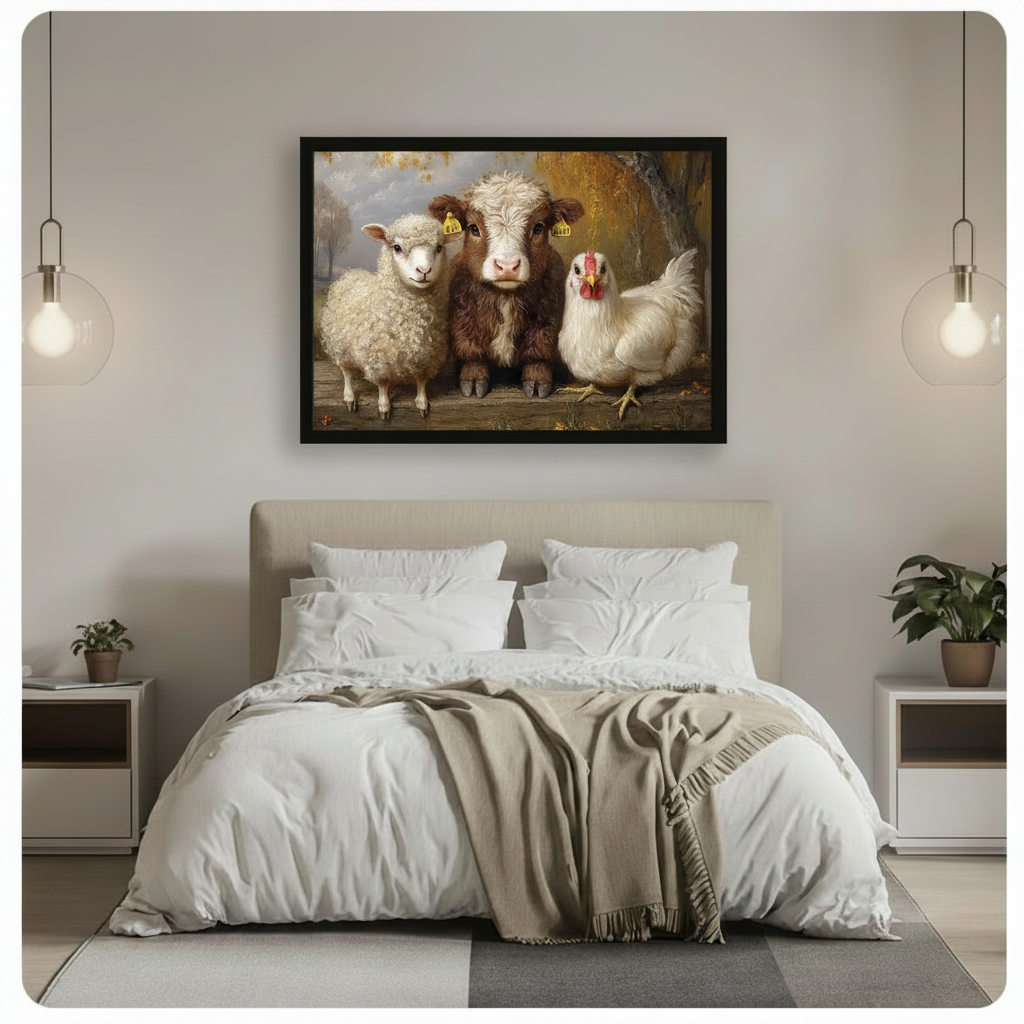 Farm Animals Trio Autumn Oil Painting Canvas Wall Art