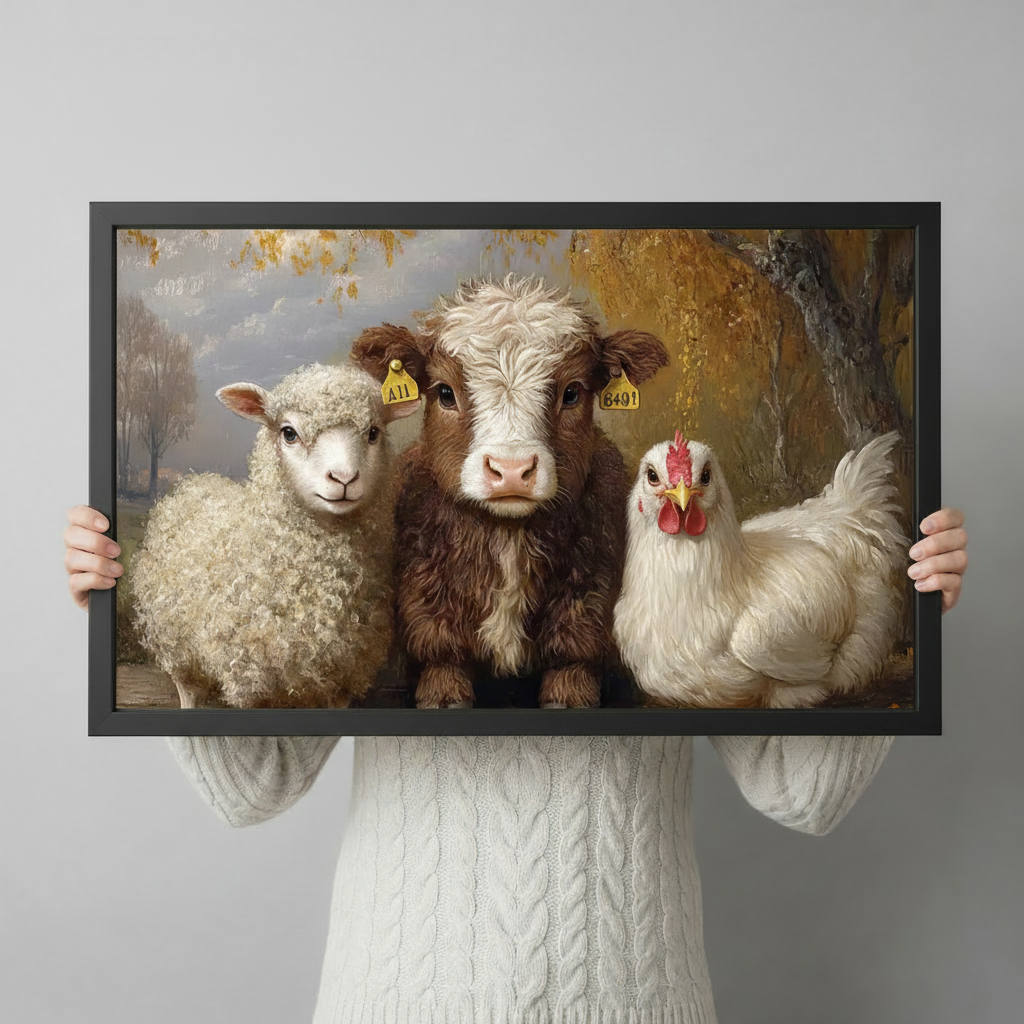 Farm Animals Trio Autumn Oil Painting Canvas Wall Art
