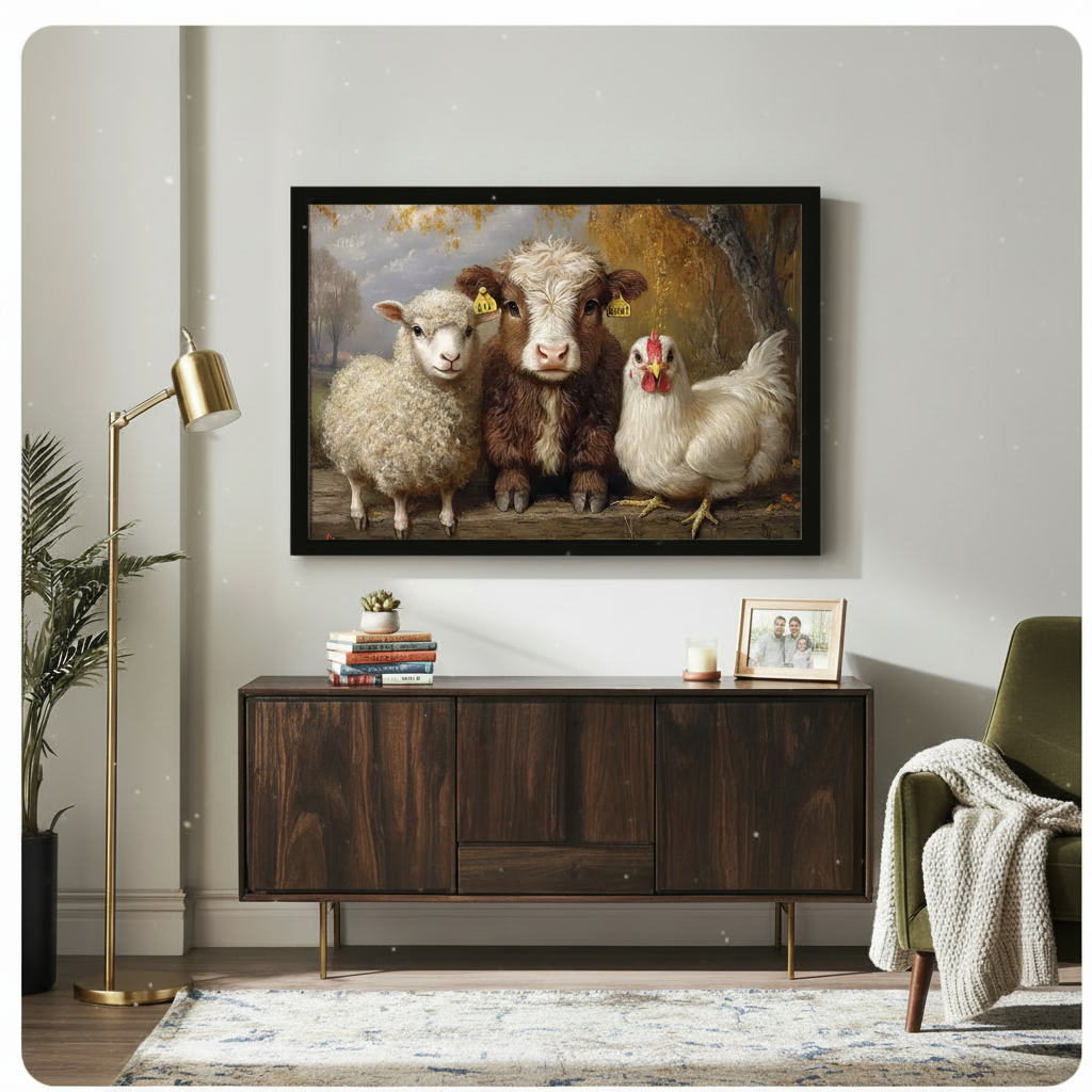 Farm Animals Trio Autumn Oil Painting Canvas Wall Art