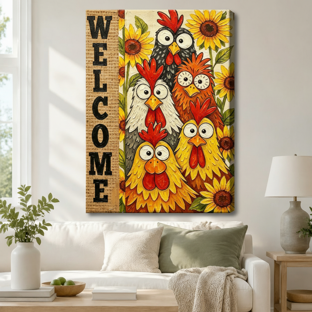 Welcome Chickens Sunflower Farmhouse Canvas Wall Art