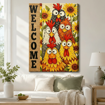 Welcome Chickens Sunflower Farmhouse Canvas Wall Art