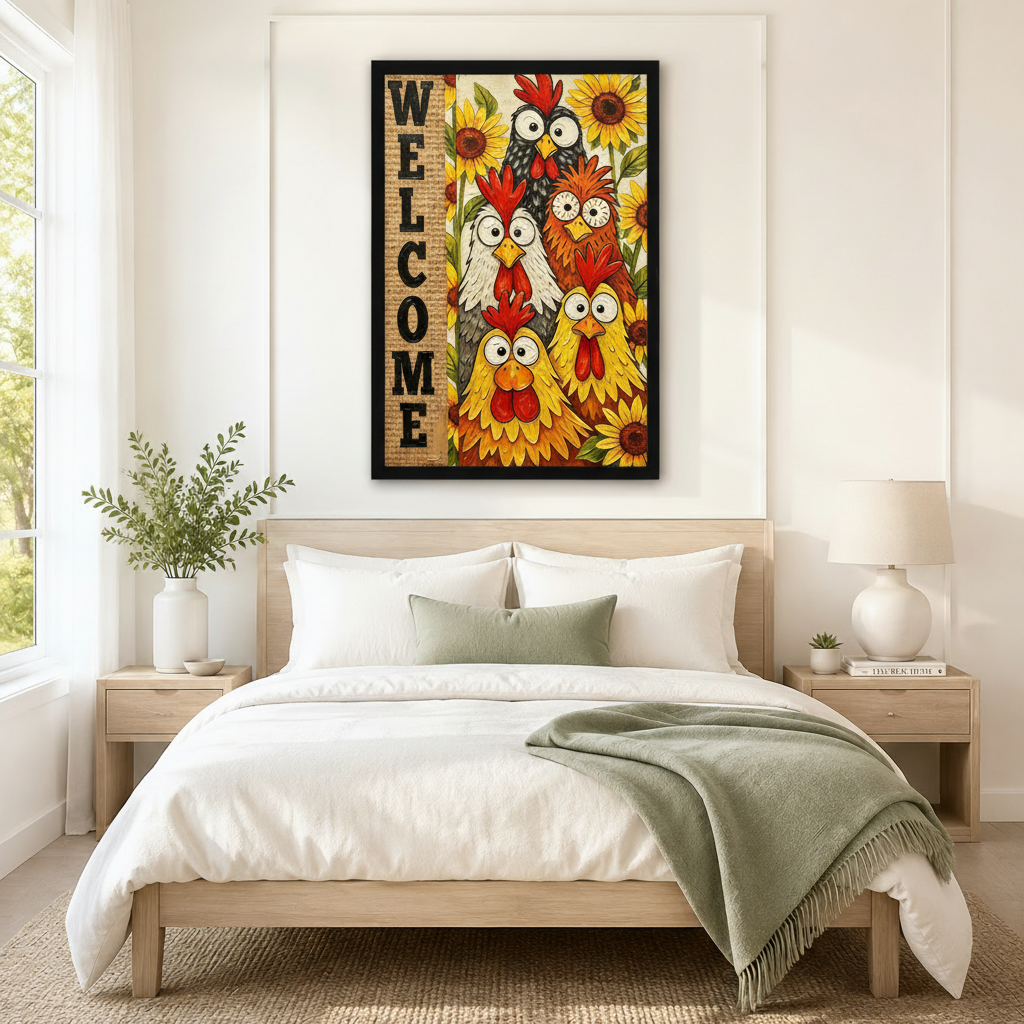 Welcome Chickens Sunflower Farmhouse Canvas Wall Art
