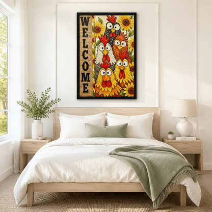 Welcome Chickens Sunflower Farmhouse Canvas Wall Art