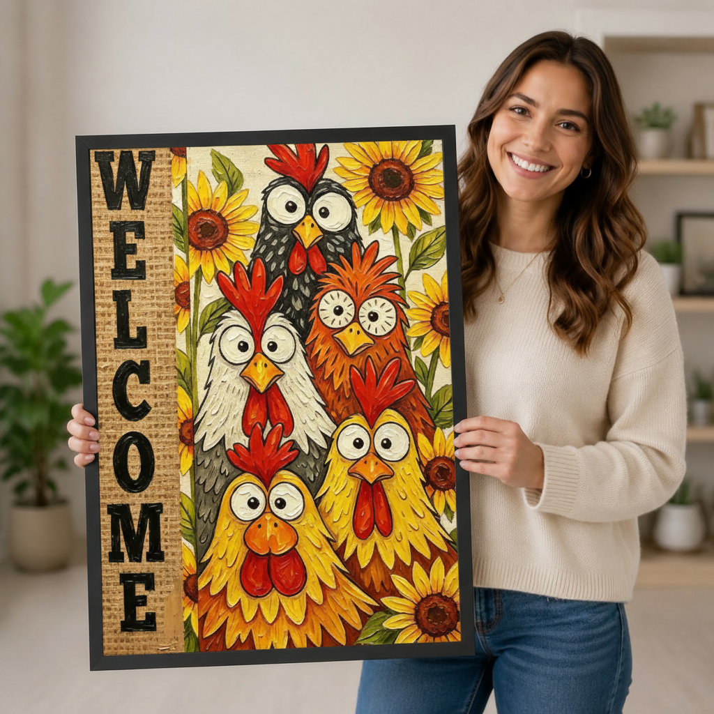 Welcome Chickens Sunflower Farmhouse Canvas Wall Art