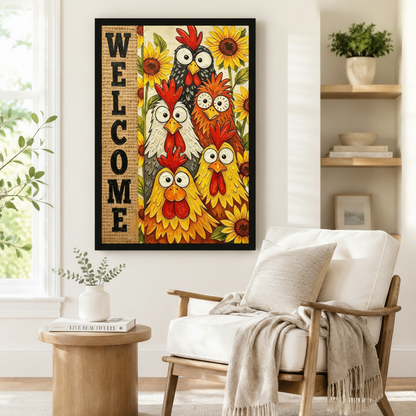 Welcome Chickens Sunflower Farmhouse Canvas Wall Art