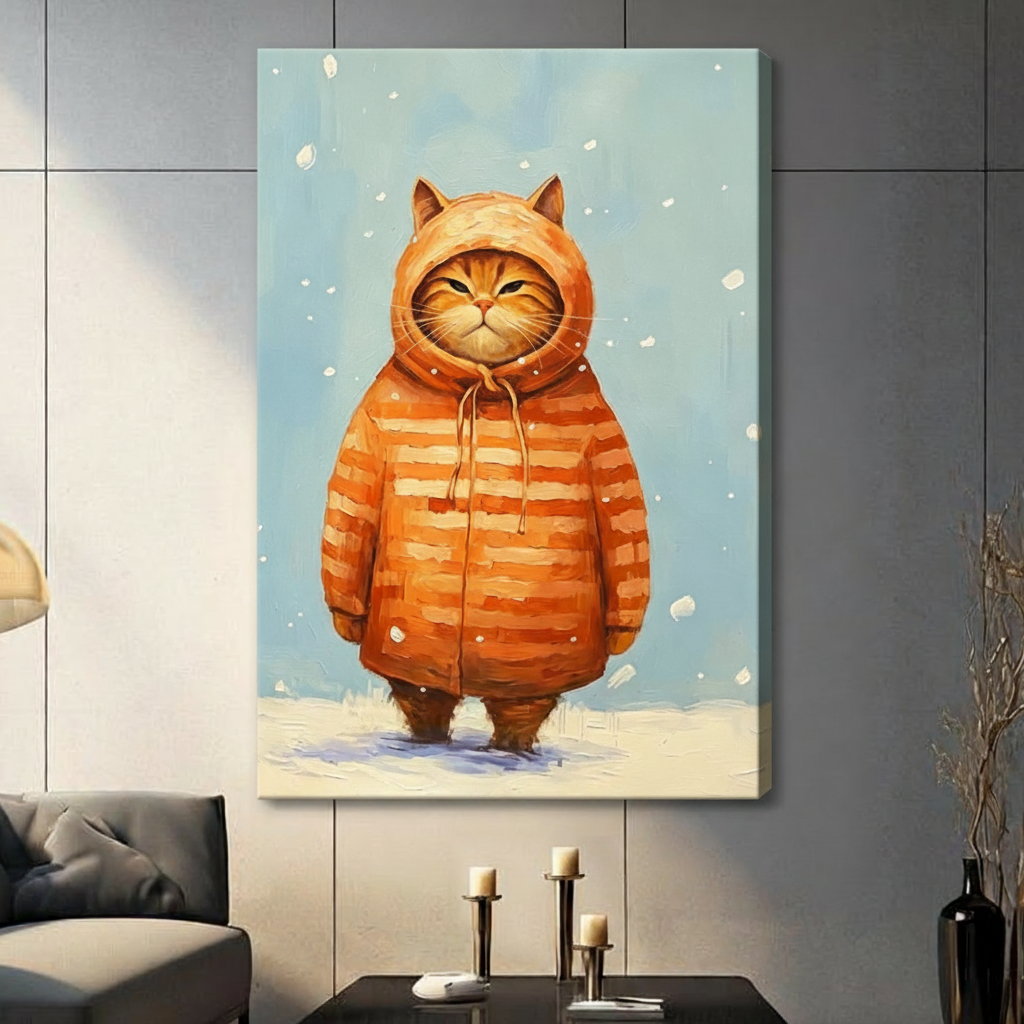 Grumpy Orange Cat Winter Hoodie Canvas Art Wall Art