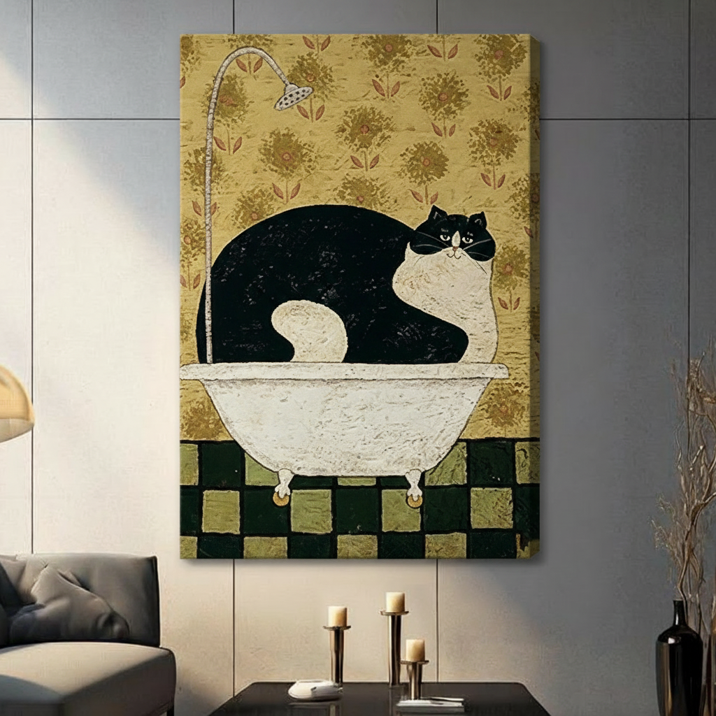 Vintage Folk Art Cat Bathtub Canvas Wall Art