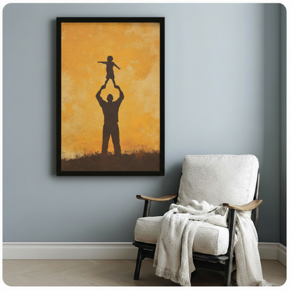 Father Child Silhouette Golden Canvas Wall Art