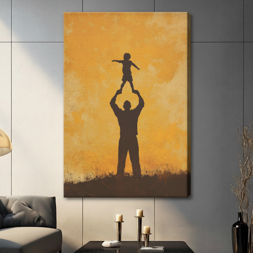 Father Child Silhouette Golden Canvas Wall Art