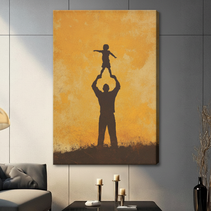 Father Child Silhouette Golden Canvas Wall Art
