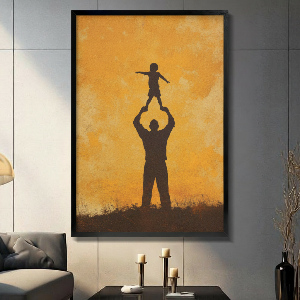 Father Child Silhouette Golden Canvas Wall Art
