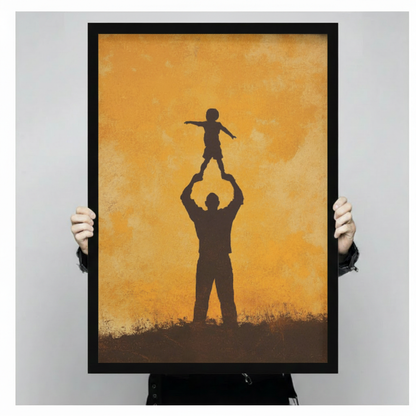 Father Child Silhouette Golden Canvas Wall Art