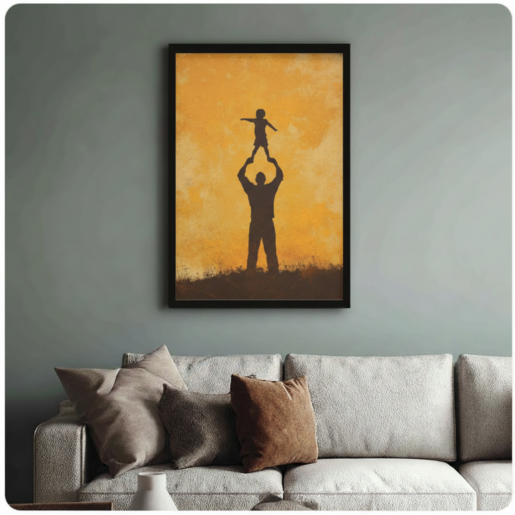 Father Child Silhouette Golden Canvas Wall Art