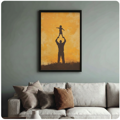Father Child Silhouette Golden Canvas Wall Art