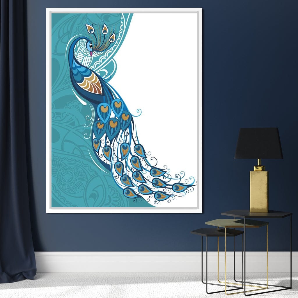 Peacock on Turquoise & White Background Canvas Wall Art