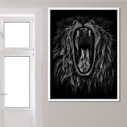 Black and White Roaring Lion Canvas Wall Art