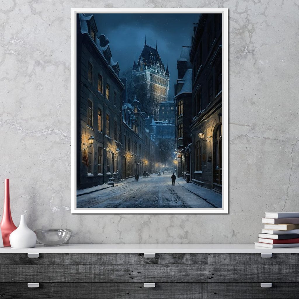 Quebec City Street On a Winter Night Canvas Wall Art