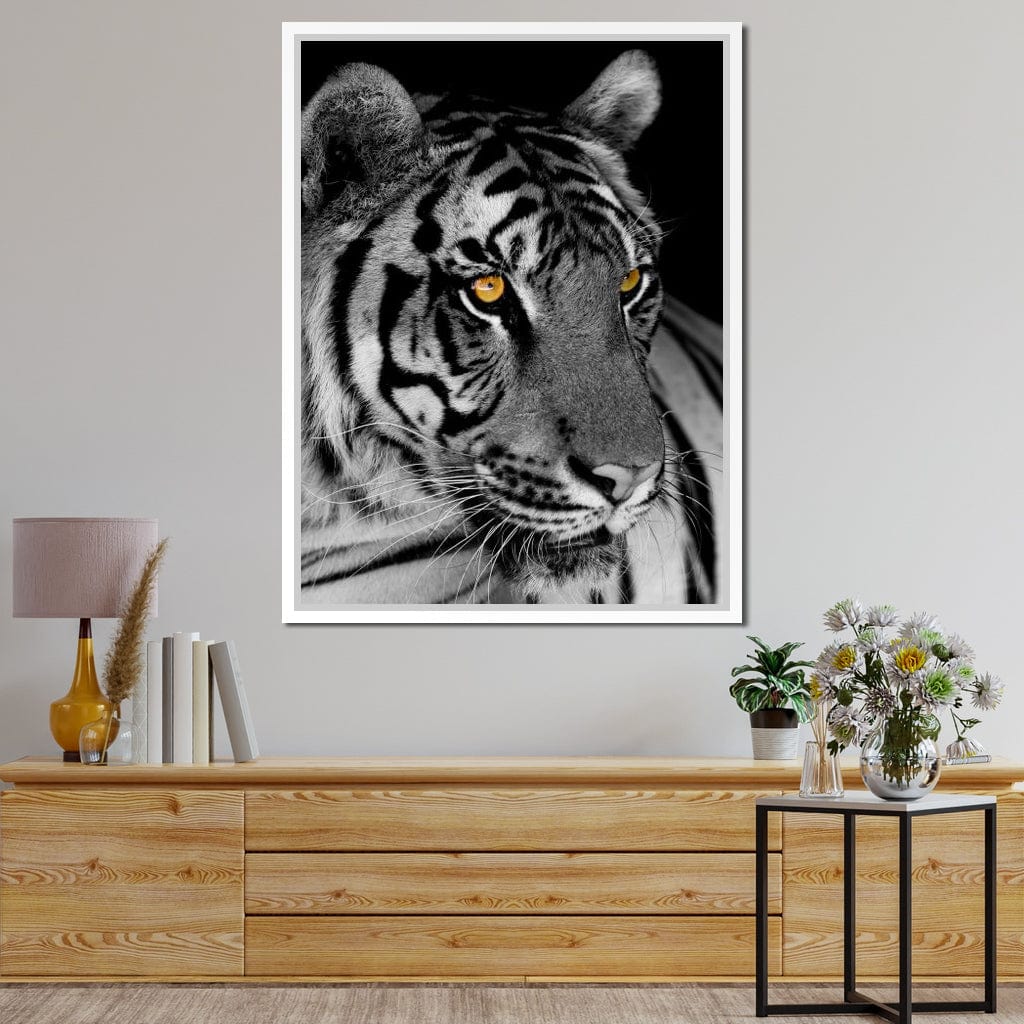 Black and White Tiger with Yellow Eyes Canvas Wall Art