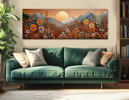 Boho Mountain Landscape - Earthy Wildflower Art | Framed Canvas Print in Warm Colors