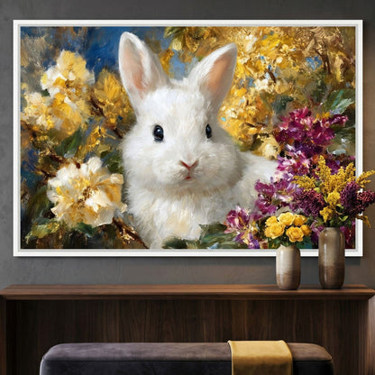 White Bunny Garden Bouquet Canvas Wall Art
