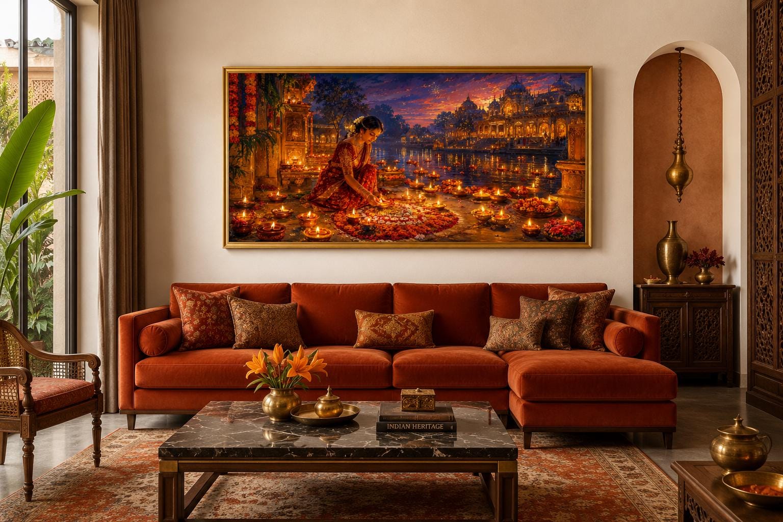 Diwali Canvas Wall Art - Woman Lighting Diyas Indian Festival Painting | Living Room Decor