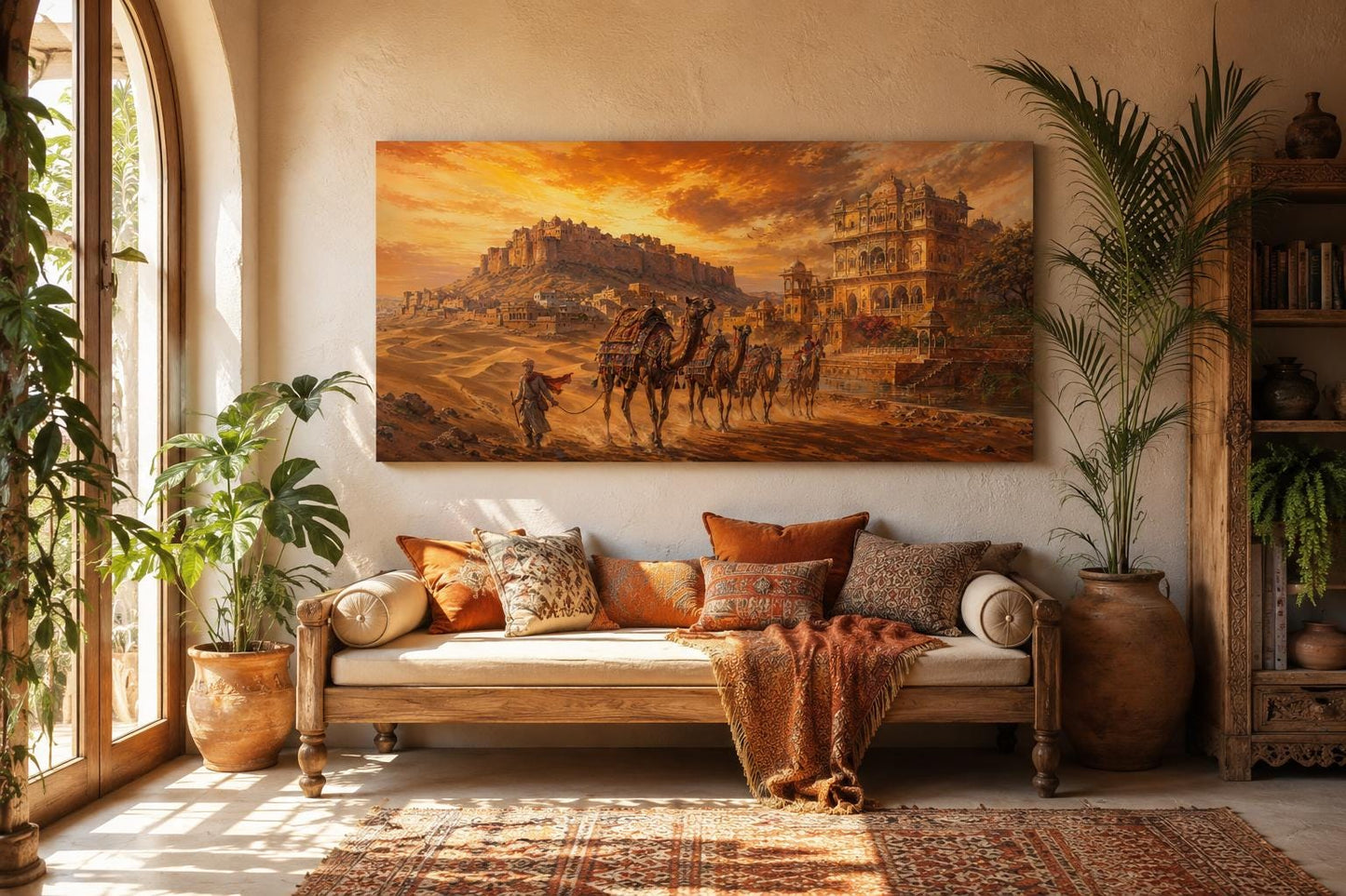Indian Camel Caravan Painting | Rajasthan Wall Art - Desert Landscape Canvas Print