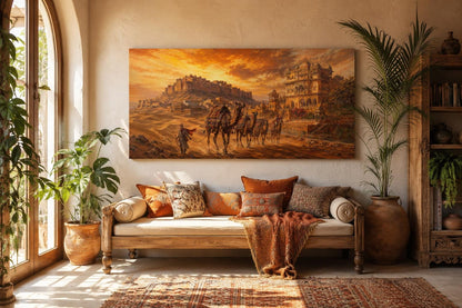 Indian Camel Caravan Painting | Rajasthan Wall Art - Desert Landscape Canvas Print