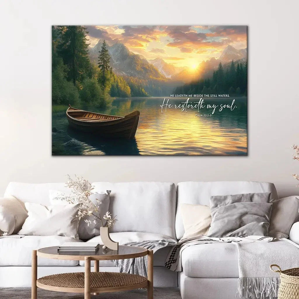 he leadeth me beside the still waters psalm 23 2 3 bible verse wall art canvas (Landscape) (view 3)