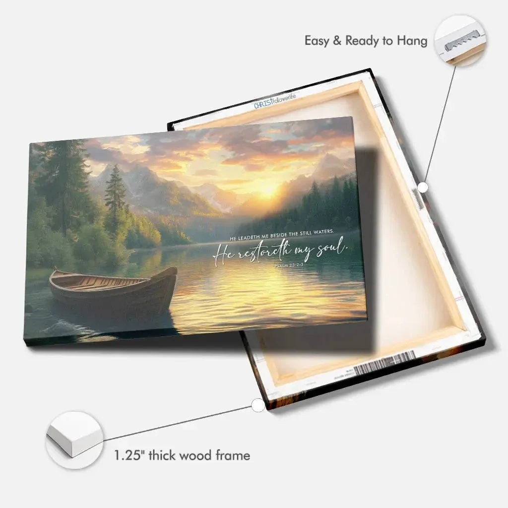 he leadeth me beside the still waters psalm 23 2 3 bible verse wall art canvas (Landscape) (view 4)