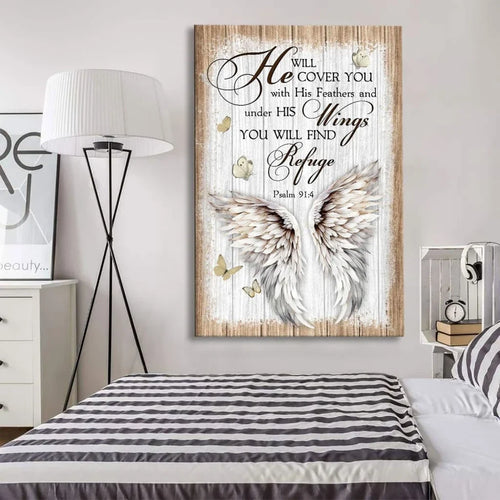 rustic psalm 91 4 he will cover you with his feathers wall art canvas print (Landscape)
