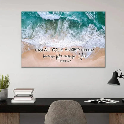 cast all your anxiety on him 1 peter 5 7 ocean waves wall art canvas (Landscape) (view 2)
