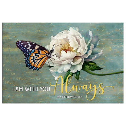 i am with you always matthew 28 20 butterfly white peony wall art canvas print (Landscape)
