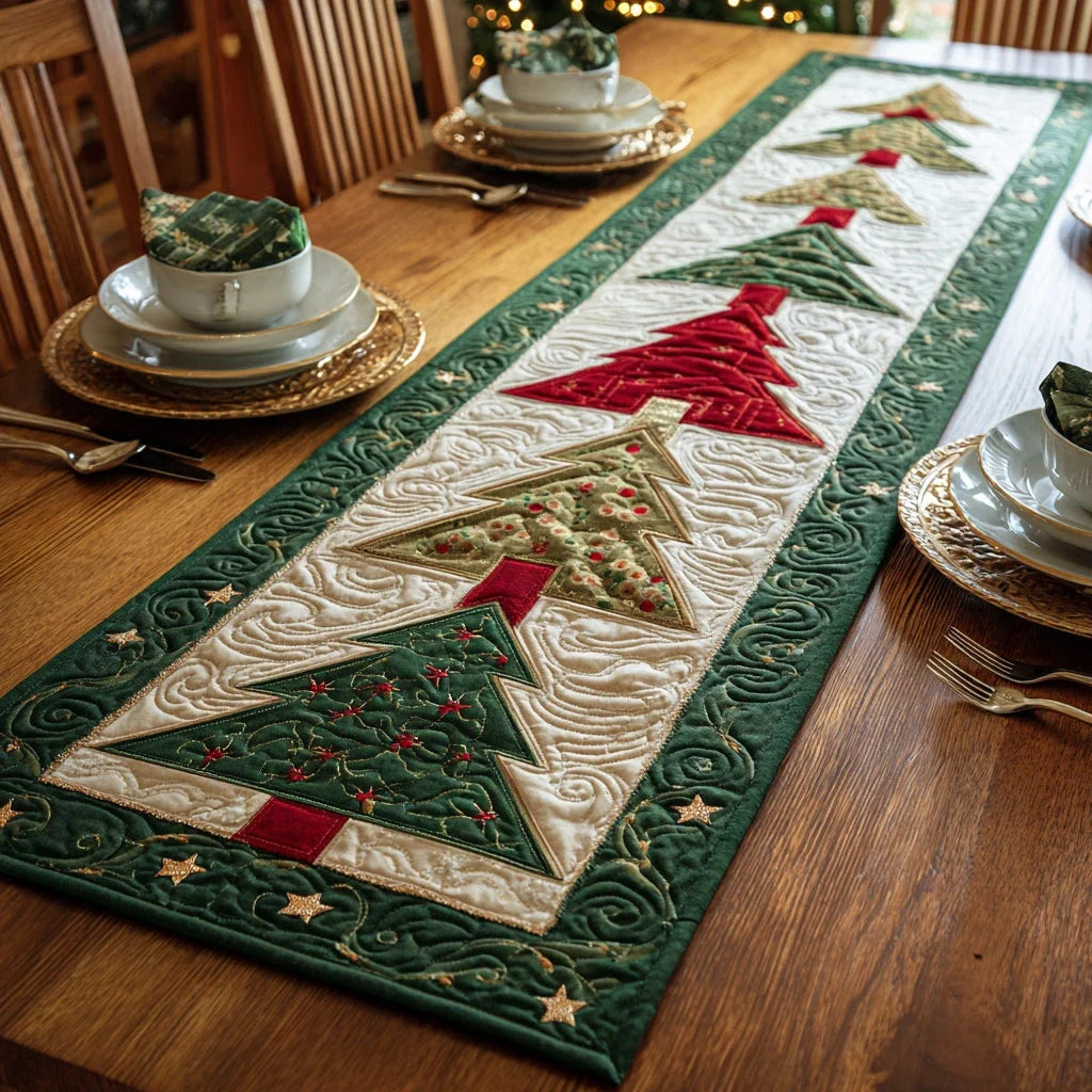 Festive Christmas Tree Quilted Table Runner