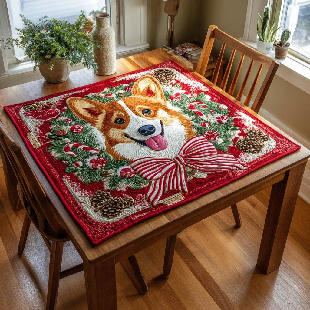 Festive Corgi Wreath Quilted Table Topper