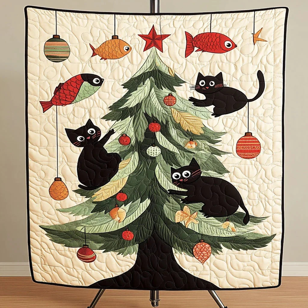 Festive Fish Black Cat Quilt Blanket