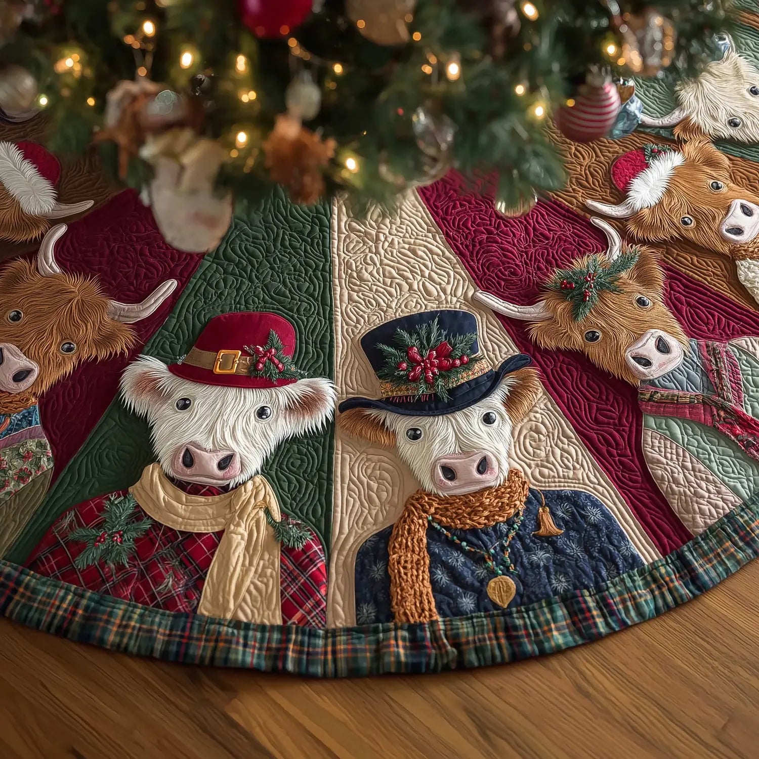 Festive Highland Cow Christmas Quilted Tree Skirt