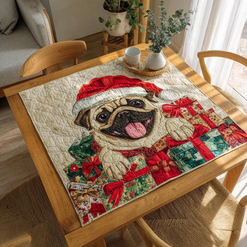 Festive Pug Grin Quilted Table Topper