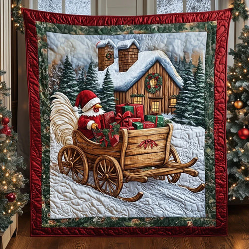 Festive Rooster Sleigh Quilt Blanket
