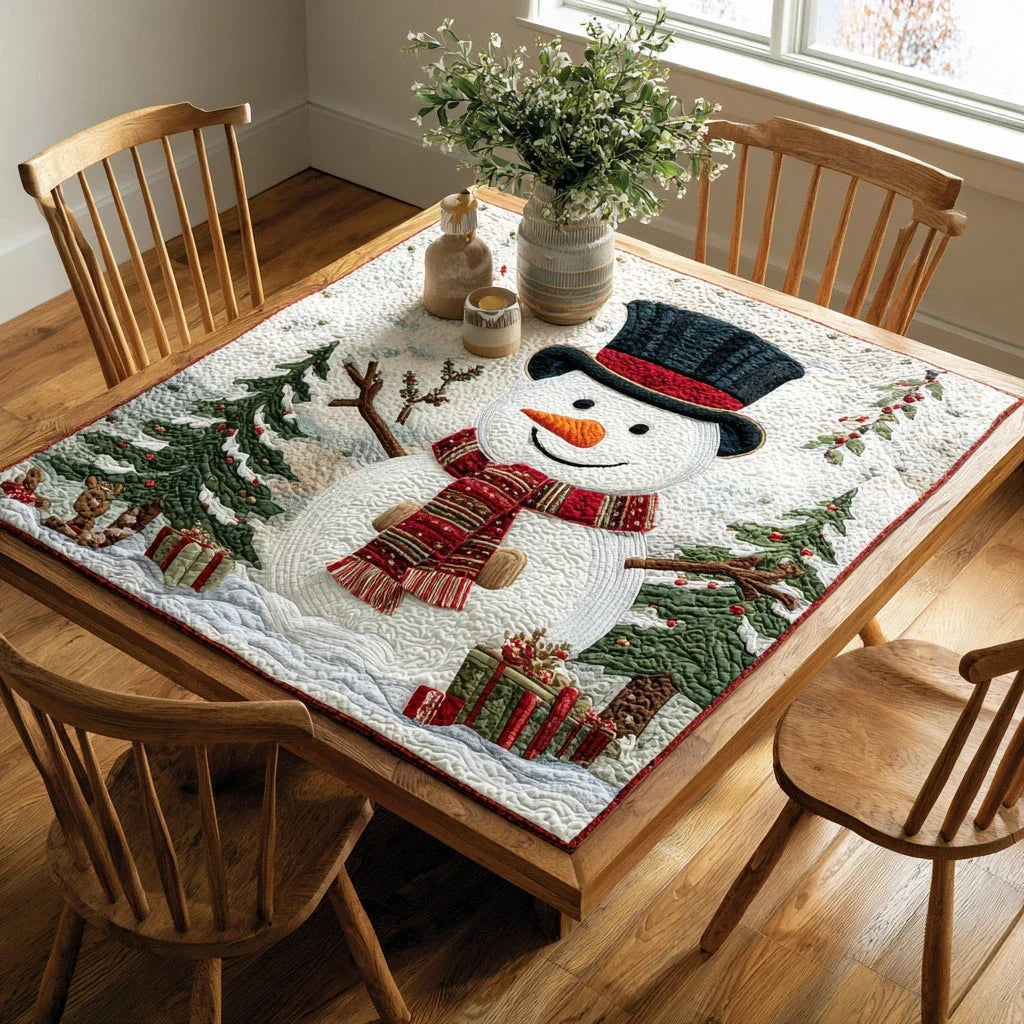 Festive Snowman Gifts Quilted Table Topper