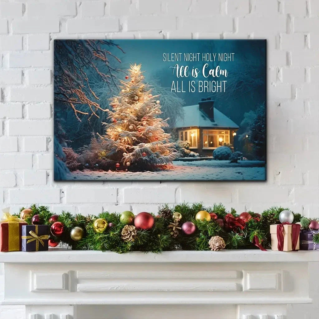 silent night holy night christmas tree wall art canvas (Landscape) (view 4)