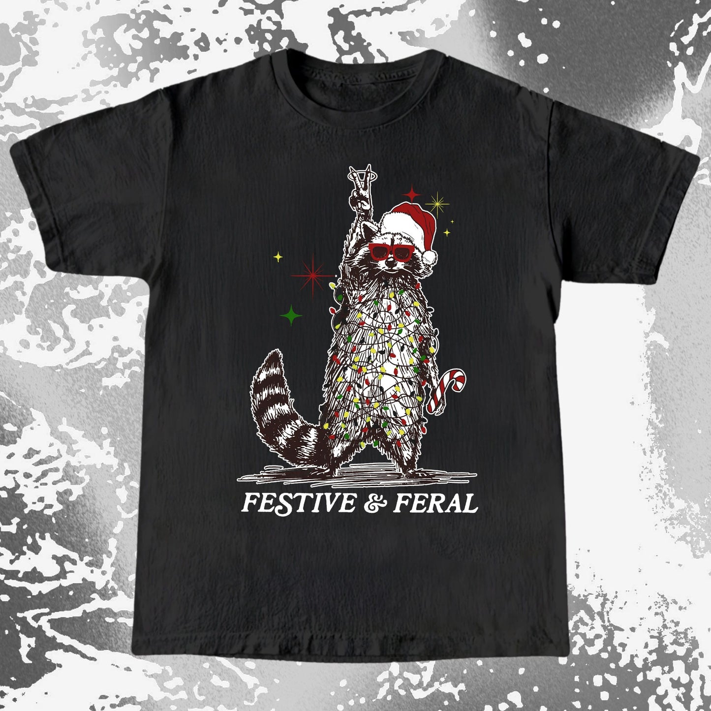 Festive and Feral Raccoon Christmas, funny meme tee gift (view 3)